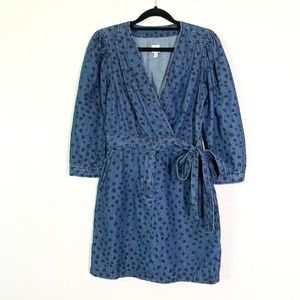 La Vie Rebecca Taylor Faune Mini Dress XS Denim Polka Dot Long Sleeve Faux Wrap